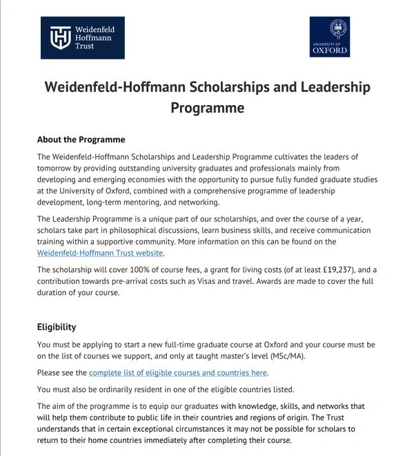 Weidenfeld-Hoffmann Trust Scholarship for Graduate Study at Oxford University - Flow Card Image