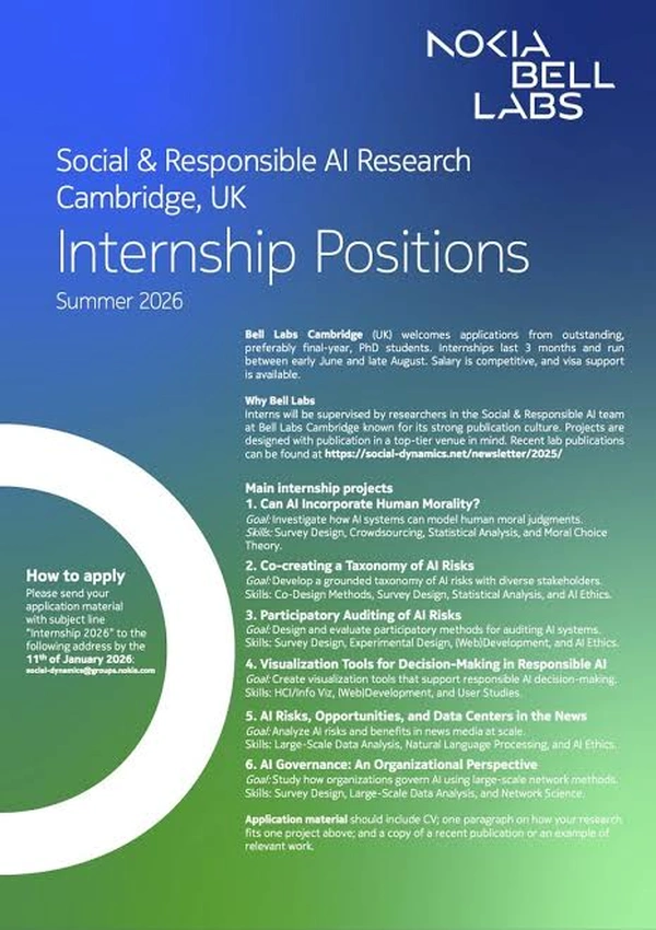 Nokia Bell Labs Cambridge – Social & Responsible AI Research Internship Summer 2026 - Flow Card Image